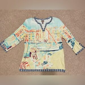 CHICO’S top with picture design size 2 Quick Shipping 3/4 sleeve NWOT